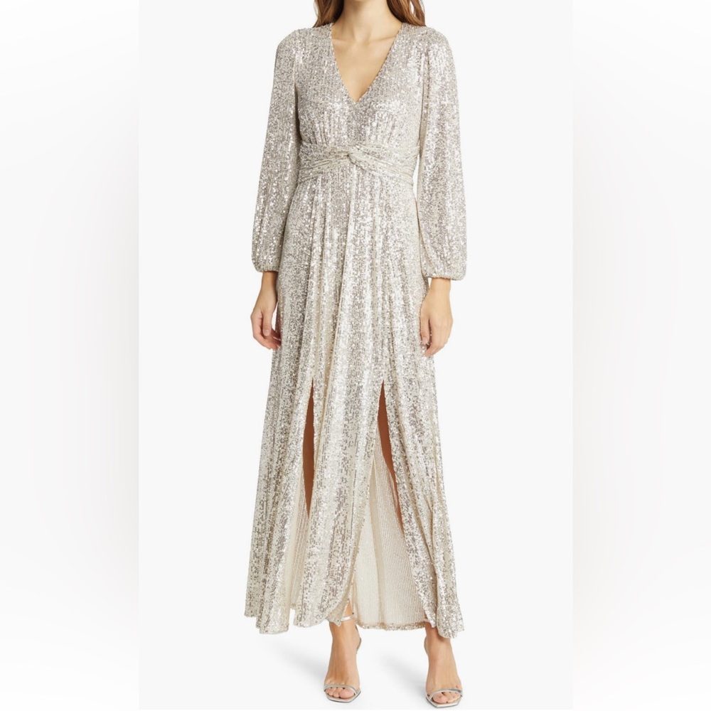 Pisarro Nights long sleeve A-line sequin gown